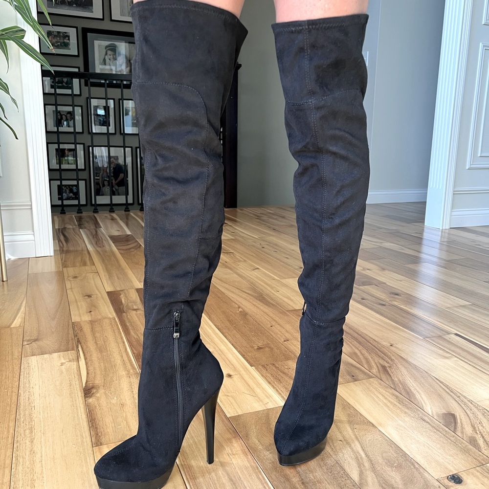 Black Thigh High Platform Bebe Boots, Size 7, New without box